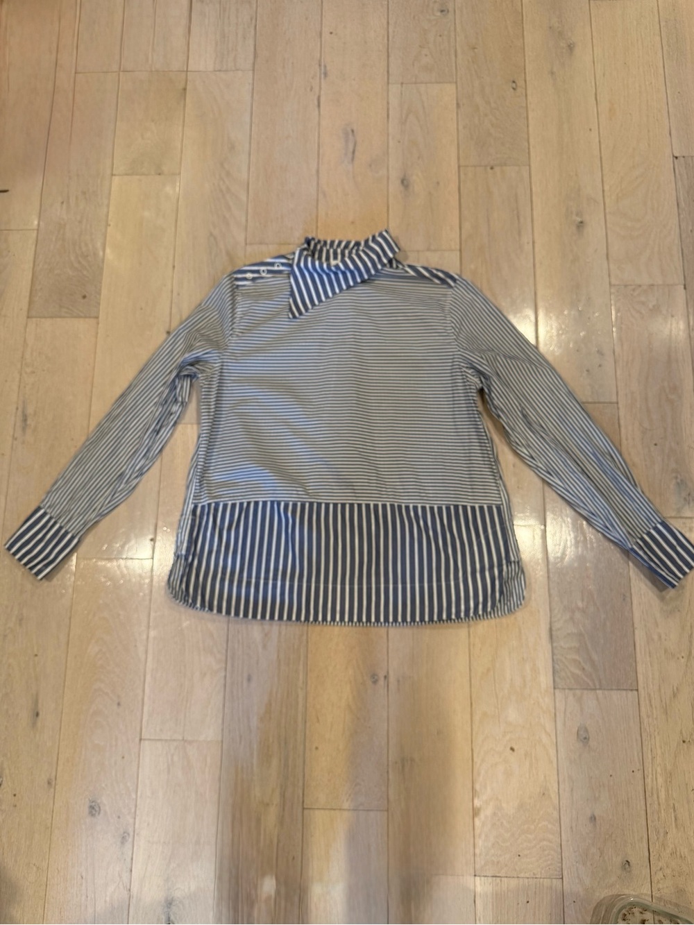GANNI Cotton Poplin Asymmetrical Collar Shirt Striped Blouse Blue & White Small